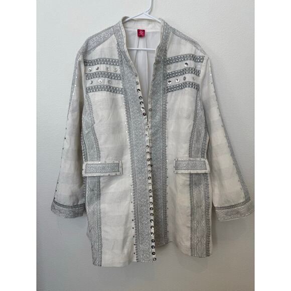 Sandy Starkman Jackets & Blazers - Vintage Sandy‎ Starkman White Silver Beaded Jacket Coat Embellished XL